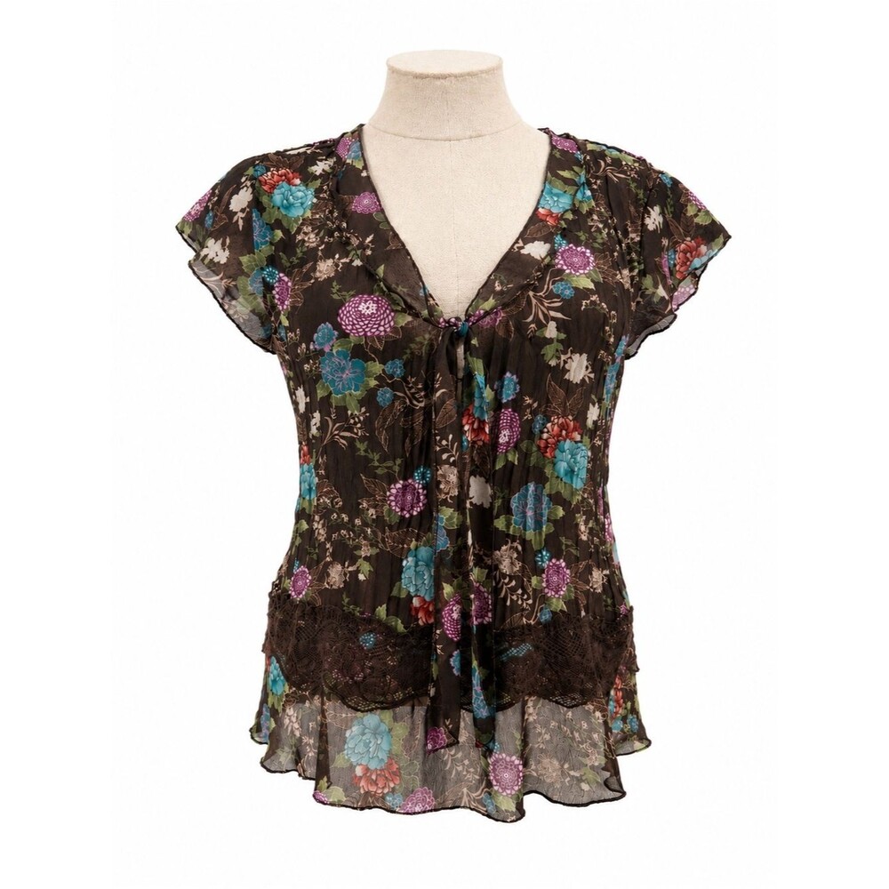 Worthington Petite Colorful Floral Blouse Top Size Medium Petite Y2k Style Tie